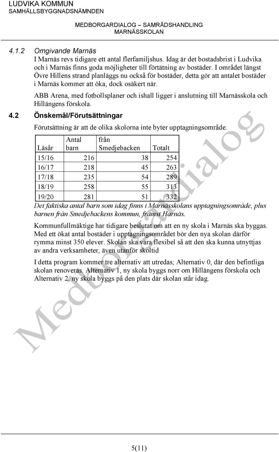 ABB Arena, med fotbollsplaner och ishall ligger i anslutning till Marnässkola och Hillängens förskola. 4.2 Önskemål/Förutsättningar Förutsättning är att de olika skolorna inte byter upptagningsområde.