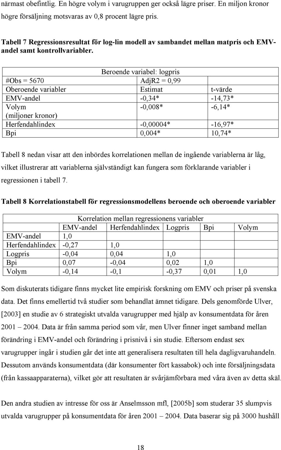 Beroende variabel: logpris #Obs = 5670 AdjR2 = 0,99 Oberoende variabler Estimat t-värde EMV-andel -0,34* -14,73* Volym -0,008* -6,14* (miljoner kronor) Herfendahlindex -0,00004* -16,97* Bpi 0,004*