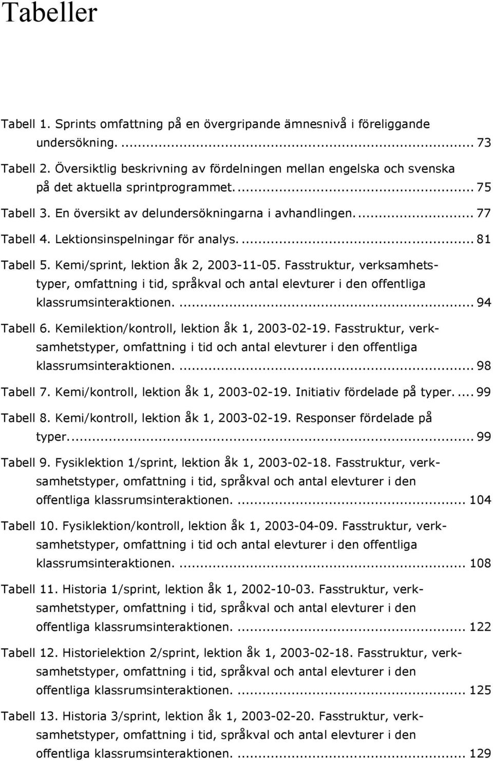 Lektionsinspelningar för analys.... 81 Tabell 5. Kemi/sprint, lektion åk 2, 2003-11-05.