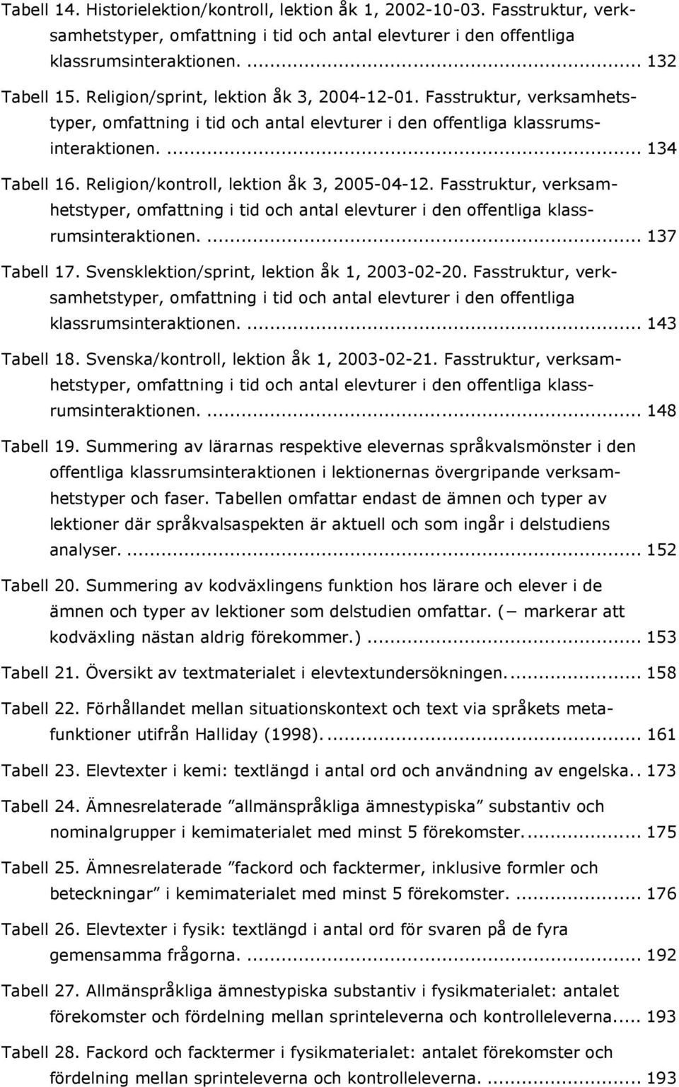 Religion/kontroll, lektion åk 3, 2005-04-12. Fasstruktur, verksamhetstyper, omfattning i tid och antal elevturer i den offentliga klassrumsinteraktionen.... 137 Tabell 17.