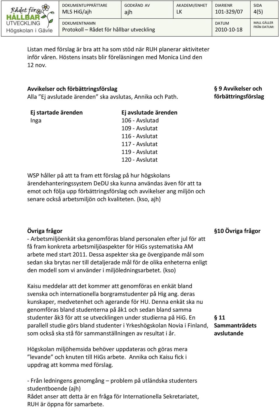 9 Avvikelser och förbättringsförslag Ej startade ärenden Inga Ej avslutade ärenden 106 Avslutad 109 Avslutat 116 Avslutat 117 Avslutat 119 Avslutat 120 Avslutat WSP håller på att ta fram ett förslag