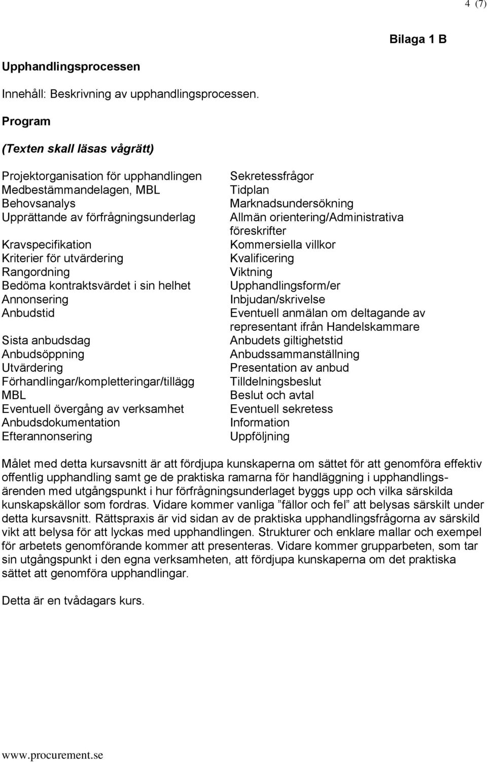 Bedöma kontraktsvärdet i sin helhet Annonsering Anbudstid Sista anbudsdag Anbudsöppning Utvärdering Förhandlingar/kompletteringar/tillägg MBL Eventuell övergång av verksamhet Anbudsdokumentation