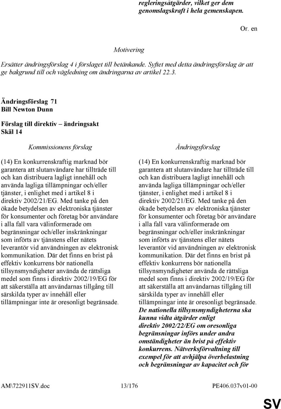71 Bill Newton Dunn Skäl 14 (14) En konkurrenskraftig marknad bör garantera att slutanvändare har tillträde till och kan distribuera lagligt innehåll och använda lagliga tillämpningar och/eller