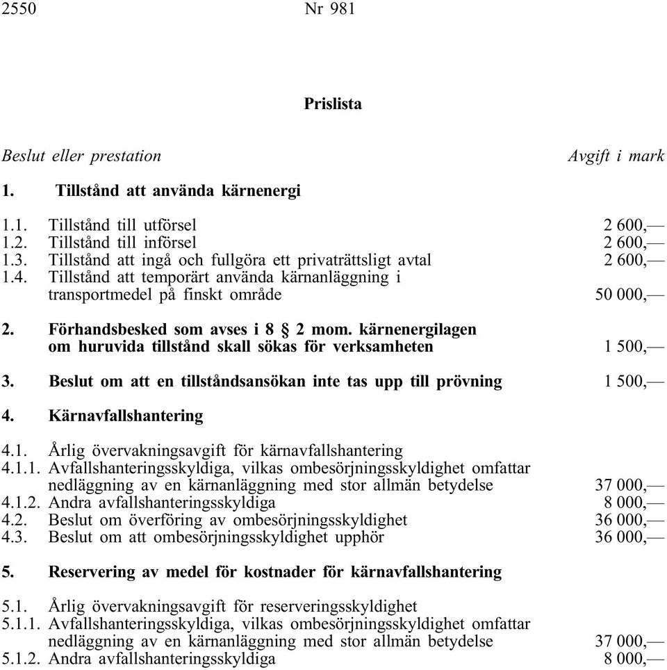 kärnenergilagen om huruvida tillstånd skall sökas för verksamheten 1 500, 3. Beslut om att en tillståndsansökan inte tas upp till prövning 1 500, 4. Kärnavfallshantering 4.1. Årlig övervakningsavgift för kärnavfallshantering 4.