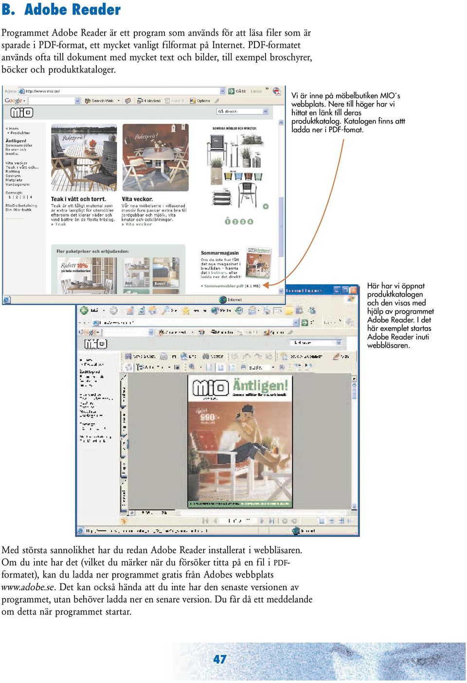 Nere till höger har vi hittat en länk till deras produktkatalog. Katalogen finns attt ladda ner i PDF-fomat. Här har vi öppnat produktkatalogen och den visas med hjälp av programmet Adobe Reader.