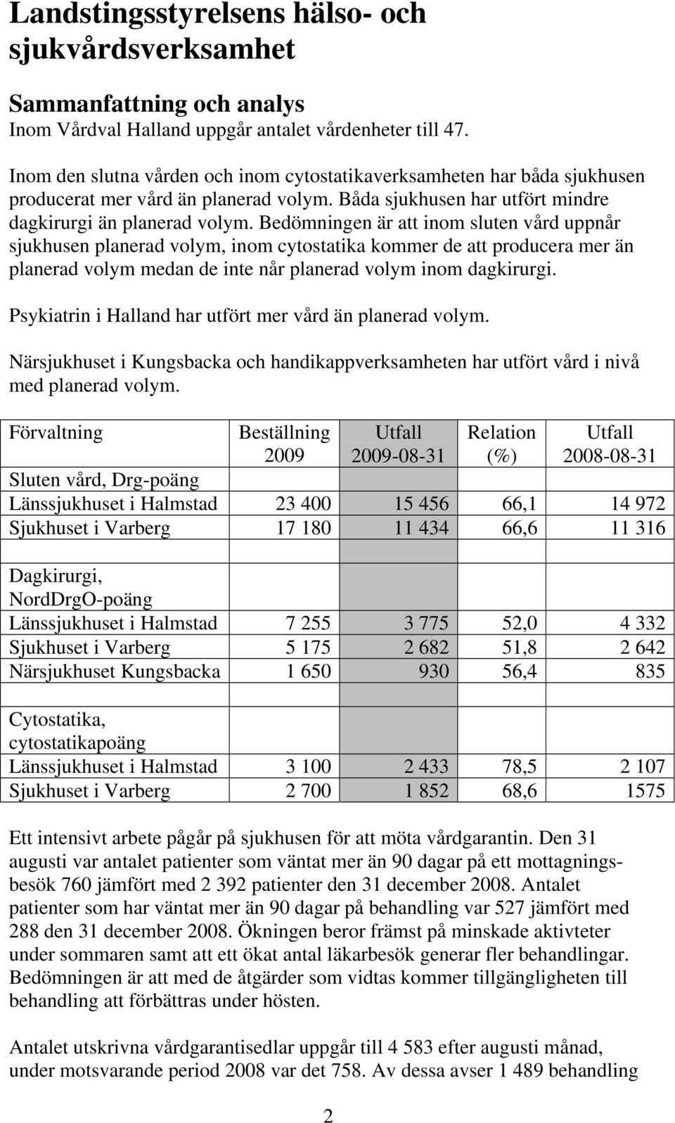Bedömningen är att inom sluten vård uppnår sjukhusen planerad volym, inom cytostatika kommer de att producera mer än planerad volym medan de inte når planerad volym inom dagkirurgi.