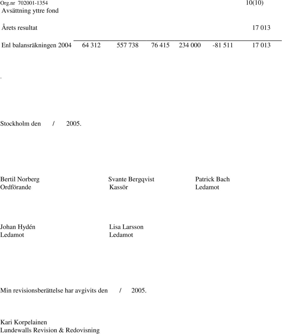 Bertil Norberg Svante Bergqvist Patrick Bach Ordförande Kassör Ledamot Johan Hydén Ledamot