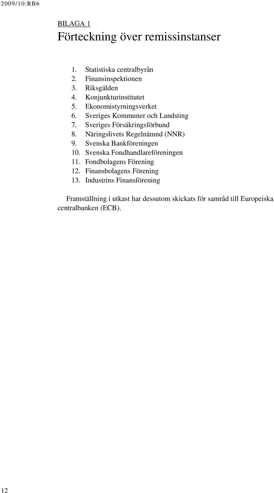 Näringslivets Regelnämnd (NNR) 9. Svenska Bankföreningen 10. Svenska Fondhandlareföreningen 11. Fondbolagens Förening 12.