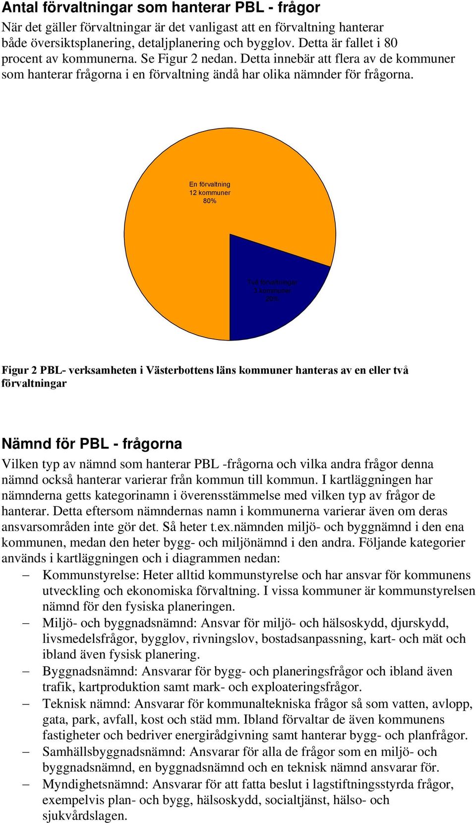 En förvaltning 12 kommuner 80% Två förvaltningar 3 kommuner 20% Figur 2 PBL- verksamheten i Västerbottens läns kommuner hanteras av en eller två förvaltningar för PBL - frågorna Vilken typ av nämnd