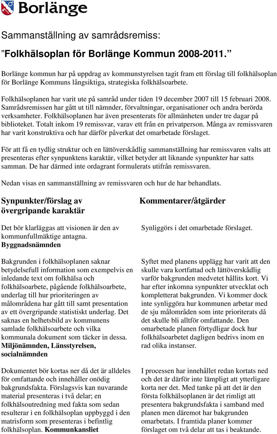 Folkhälsoplanen har varit ute på samråd under tiden 19 december 2007 till 15 februari 2008. Samrådsremissen har gått ut till nämnder, förvaltningar, organisationer och andra berörda verksamheter.