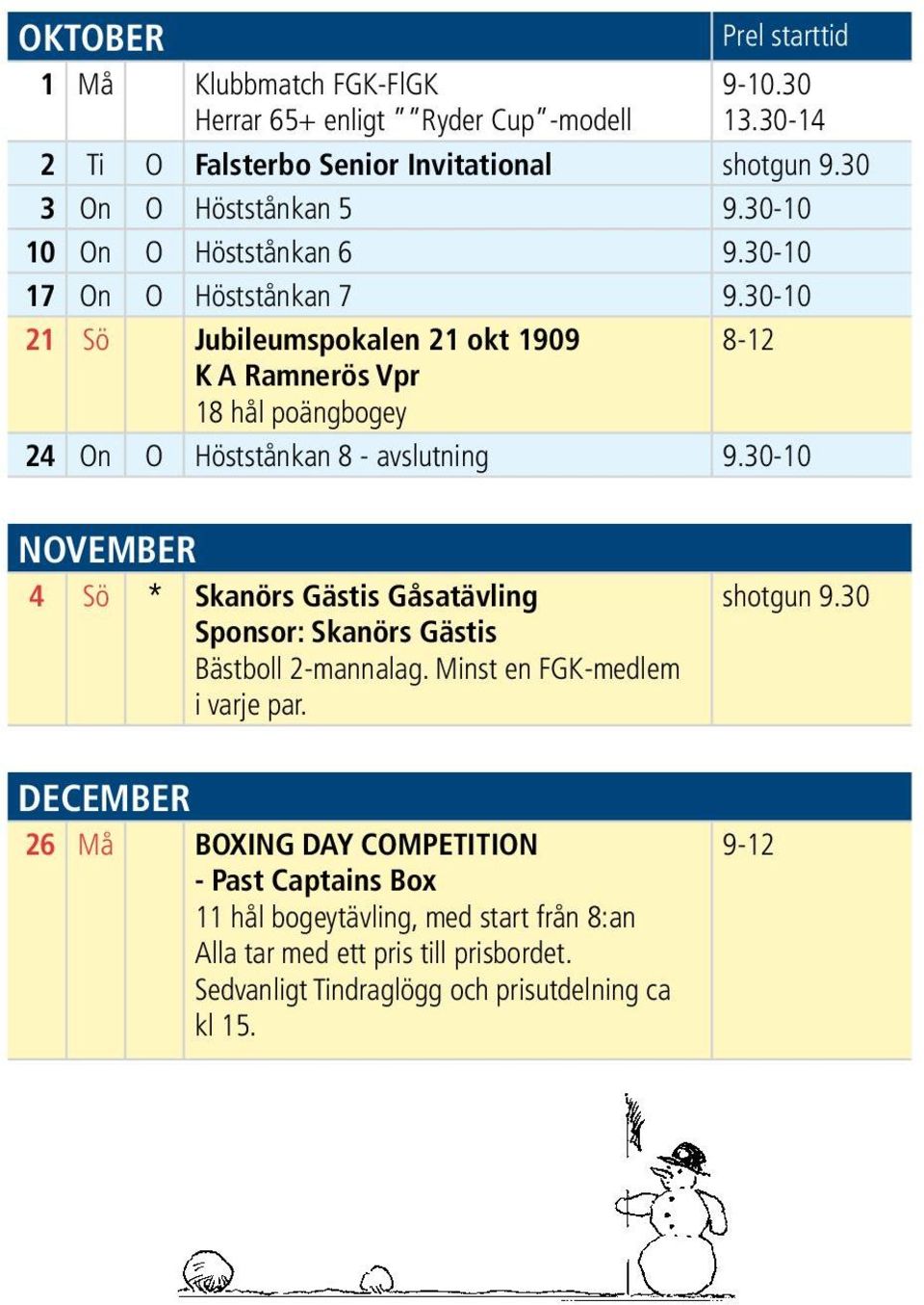 30-10 21 Sö Jubileumspokalen 21 okt 1909 8-12 K A Ramnerös Vpr 18 hål poängbogey 24 On O Höststånkan 8 - avslutning 9.