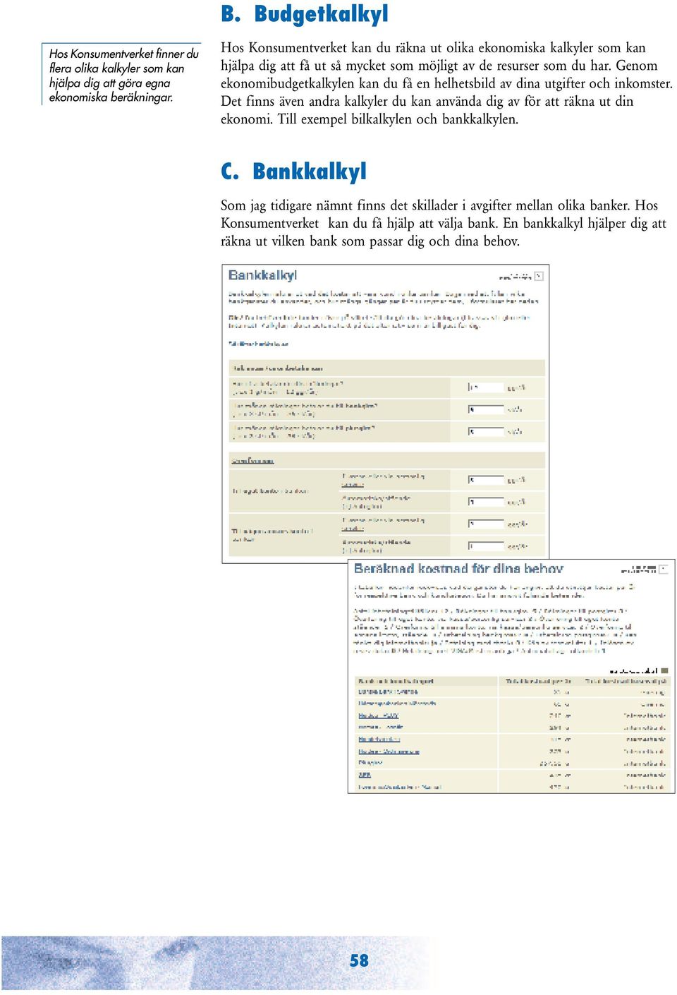 Genom ekonomibudgetkalkylen kan du få en helhetsbild av dina utgifter och inkomster. Det finns även andra kalkyler du kan använda dig av för att räkna ut din ekonomi.