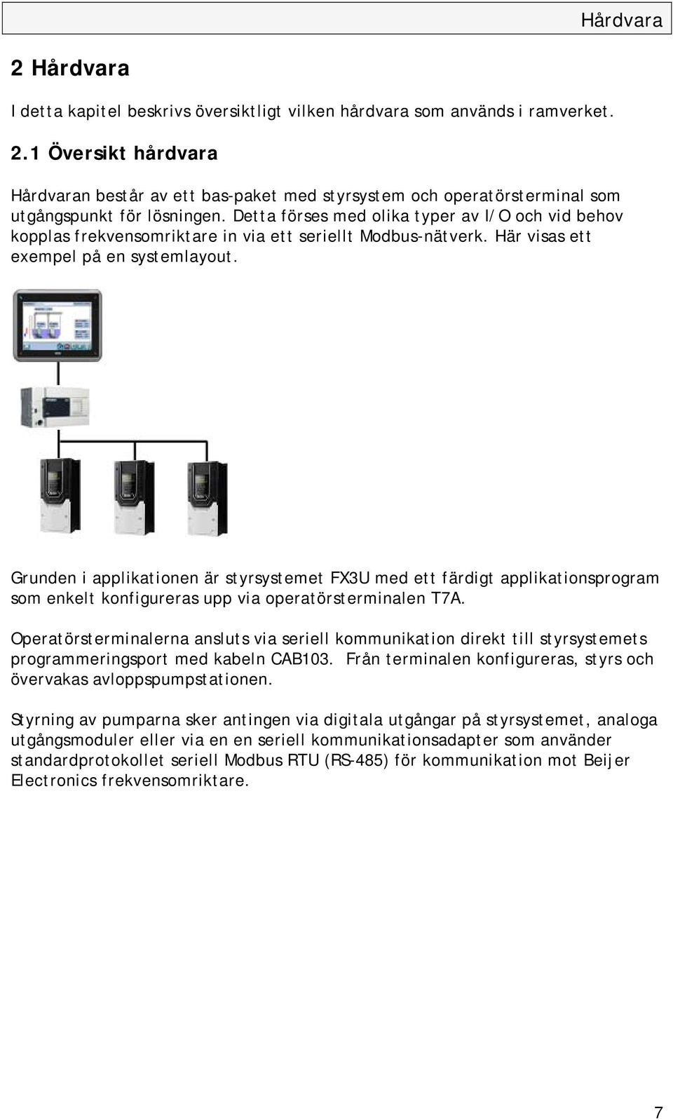 Grunden i applikationen är styrsystemet FX3U med ett färdigt applikationsprogram som enkelt konfigureras upp via operatörsterminalen T7A.