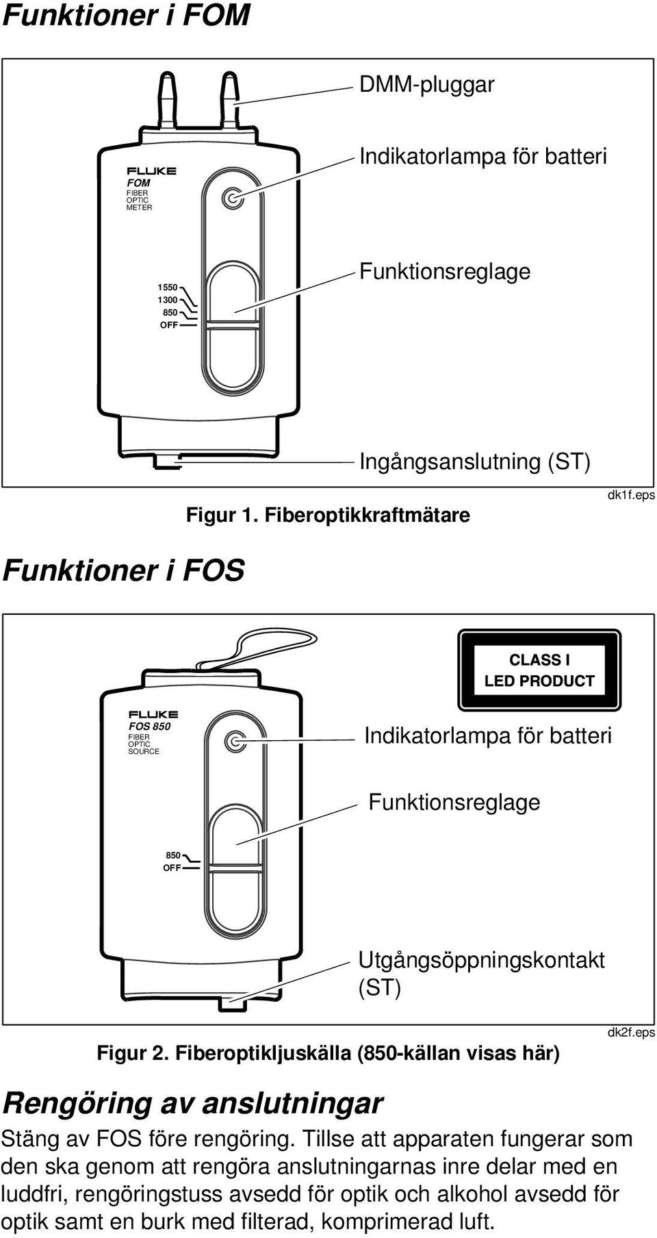 eps Funktioner i FOS FOS 850 FIBER OPTIC SOURCE Indikatorlampa för batteri Funktionsreglage 850 OFF Utgångsöppningskontakt (ST) Figur 2.
