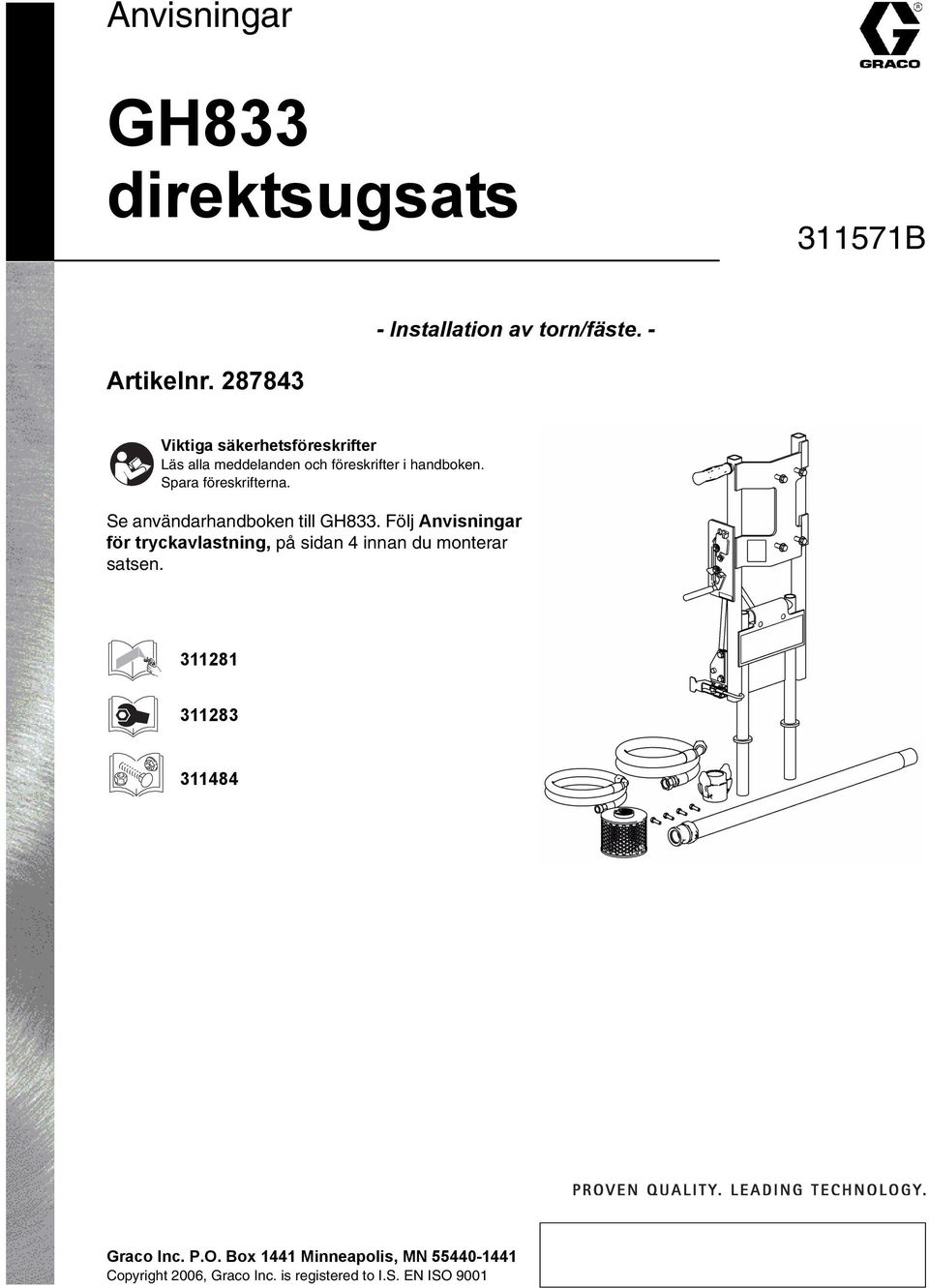 Se användarhandboken till GH833. Följ Anvisningar för tryckavlastning, på sidan 4 innan du monterar satsen.