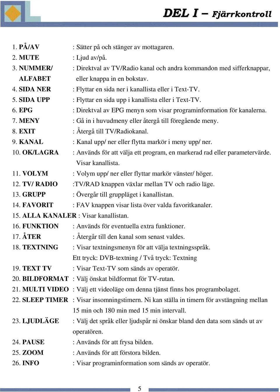 SIDA UPP : Flyttar en sida upp i kanallista eller i Text-TV. 6. EPG : Direktval av EPG menyn som visar programinformation för kanalerna. 7. MENY : Gå in i huvudmeny eller återgå till föregående meny.