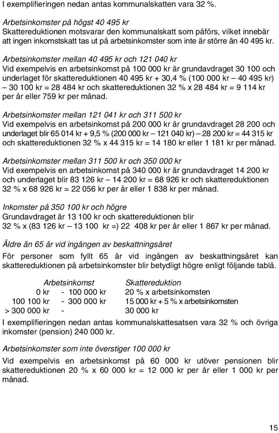 Arbetsinkomster mellan 40 495 kr och 121 040 kr Vid exempelvis en arbetsinkomst på 100 000 kr är grundavdraget 30 100 och underlaget för skattereduktionen 40 495 kr + 30,4 % (100 000 kr 40 495 kr) 30