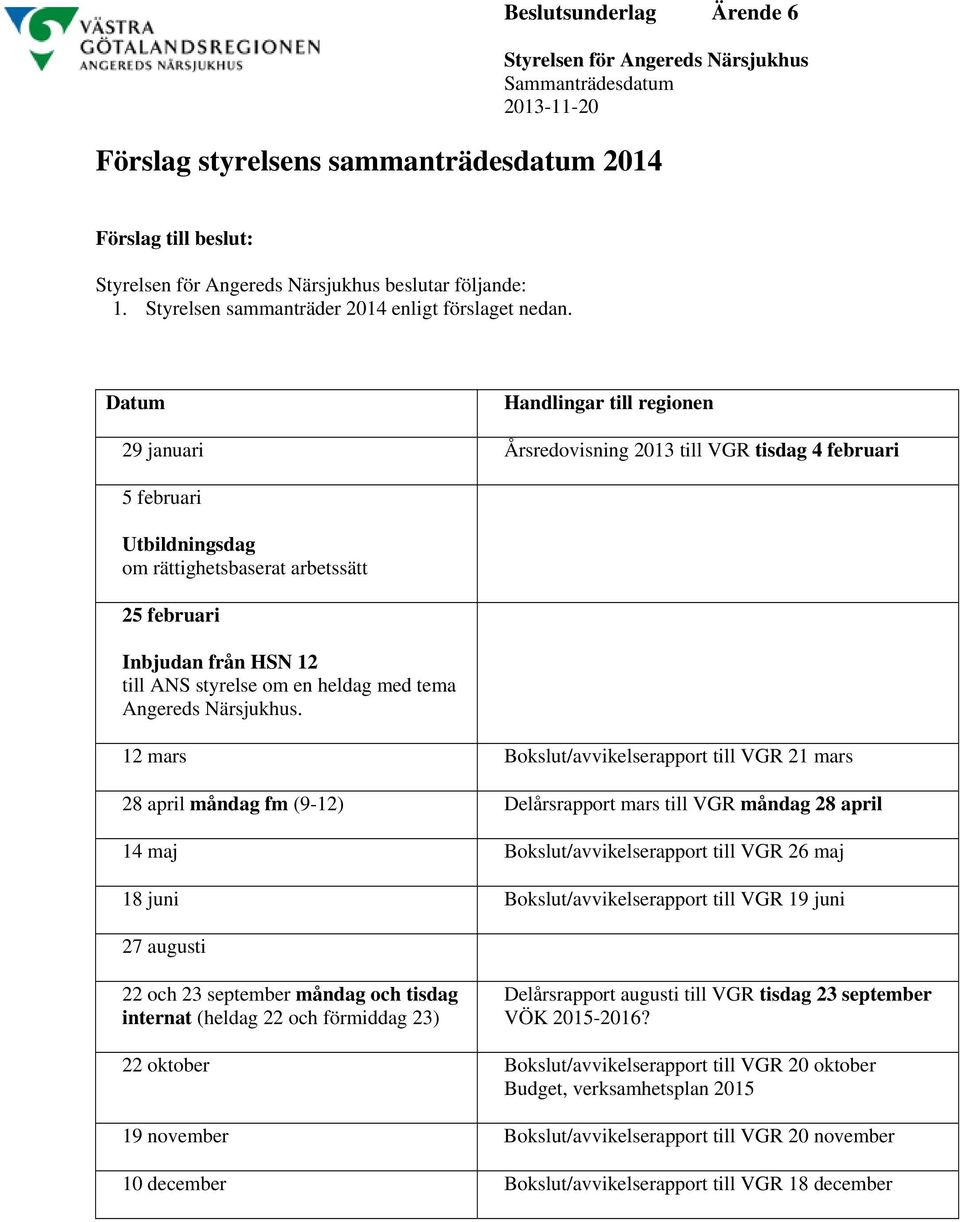Datum Handlingar till regionen 29 januari Årsredovisning 2013 till VGR tisdag 4 februari 5 februari Utbildningsdag om rättighetsbaserat arbetssätt 25 februari Inbjudan från HSN 12 till ANS styrelse