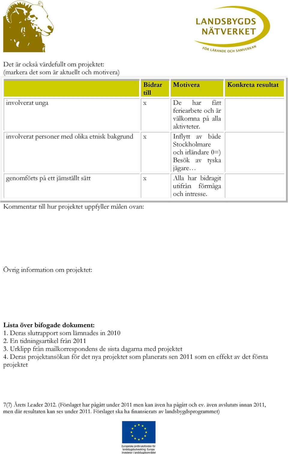 Kommentar till hur projektet uppfyller målen ovan: Konkreta resultat Övrig information om projektet: Lista över bifogade dokument: 1. Deras slutrapport som lämnades in 2010 2.