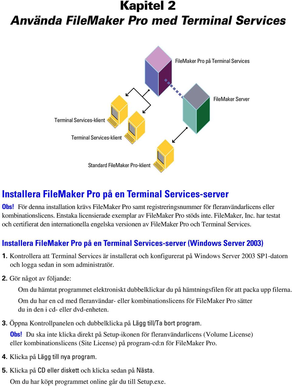 Enstaka licensierade exemplar av FileMaker Pro stöds inte. FileMaker, Inc. har testat och certifierat den internationella engelska versionen av FileMaker Pro och Terminal Services.