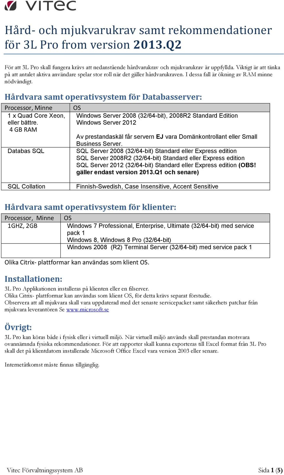 Hårdvara samt operativsystem för Databasserver: Processor, Minne 1 x Quad Core Xeon, eller bättre.