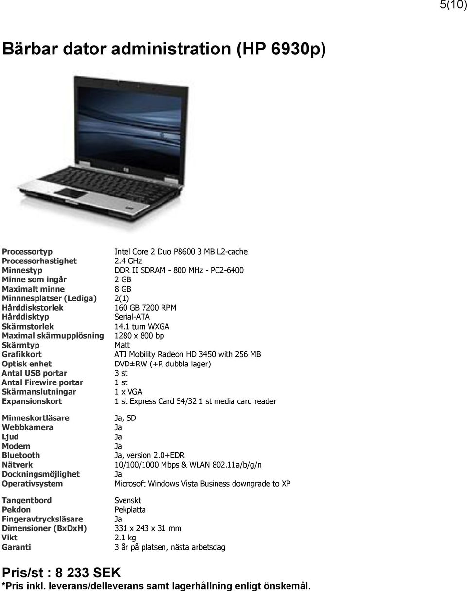 1 tum WXGA Maximal skärmupplösning 1280 x 800 bp Skärmtyp Matt Grafikkort ATI Mobility Radeon HD 3450 with 256 MB Optisk enhet DVD±RW (+R dubbla lager) Antal USB portar 3 st Antal Firewire portar 1