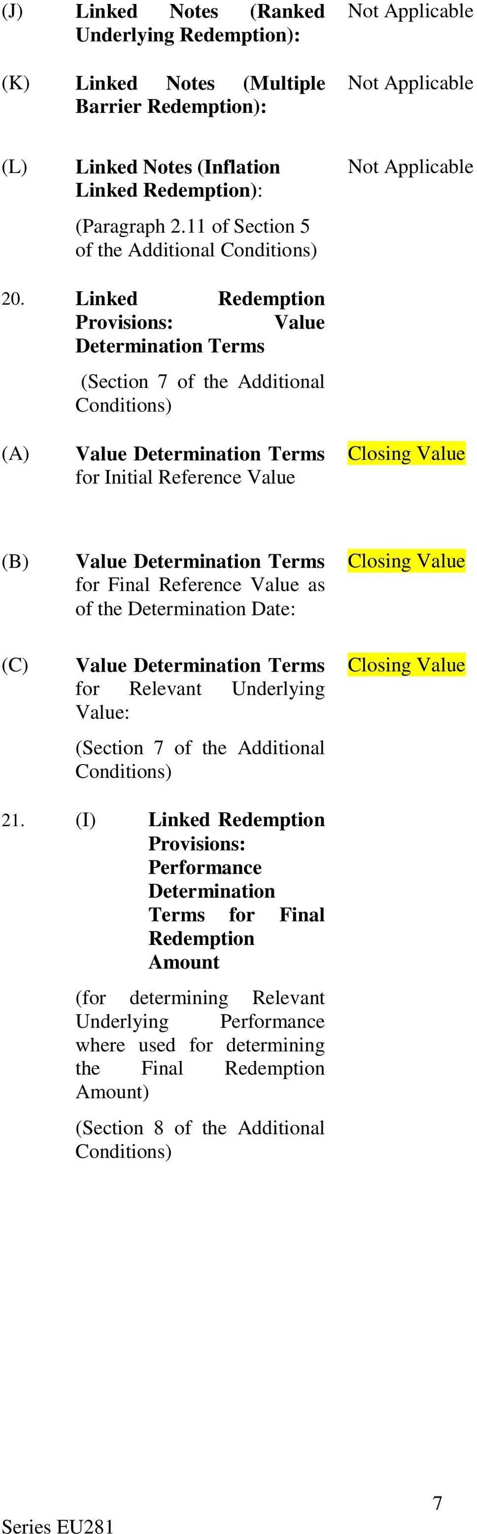 Linked Redemption Provisions: Value Determination Terms (Section 7 of the Additional Conditions) (A) Value Determination Terms for Initial Reference Value Closing Value (B) (C) Value Determination