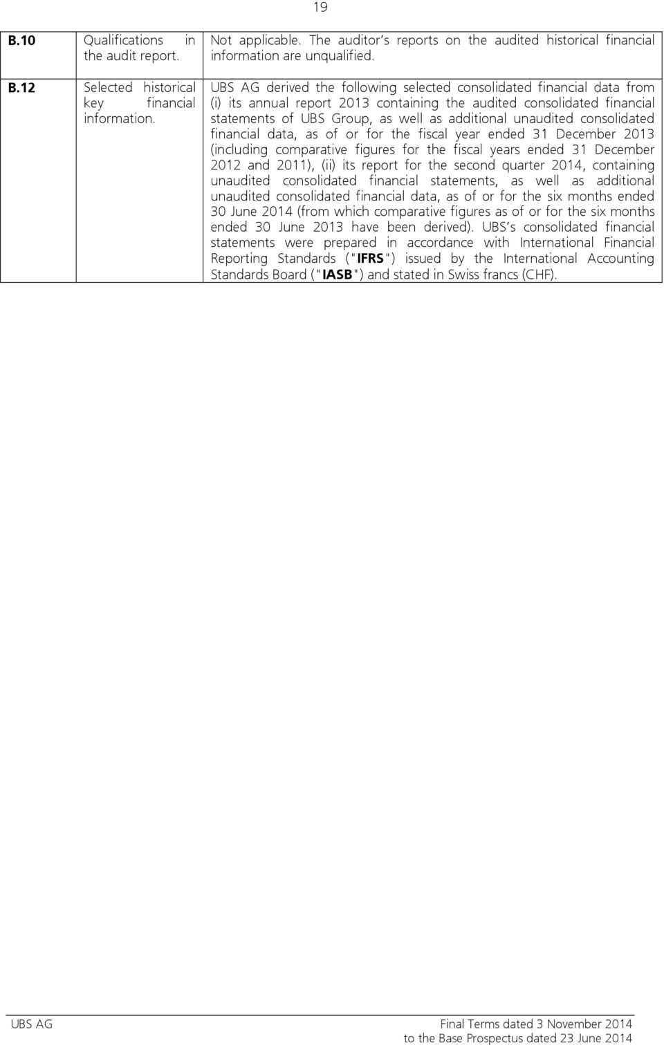unaudited consolidated financial data, as of or for the fiscal year ended 31 December 2013 (including comparative figures for the fiscal years ended 31 December 2012 and 2011), (ii) its report for