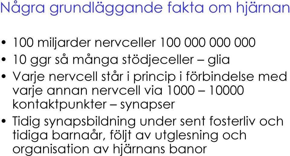 varje annan nervcell via 1000 10000 kontaktpunkter synapser Tidig synapsbildning