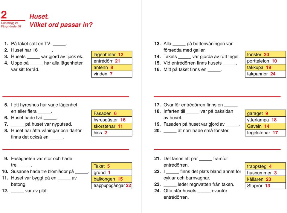 fönster 20 porttelefon 10 takkupa 19 takpannor 24 5. I ett hyreshus har varje lägenhet en eller flera. 6. Huset hade två. 7. på huset var nyputsad. 8.