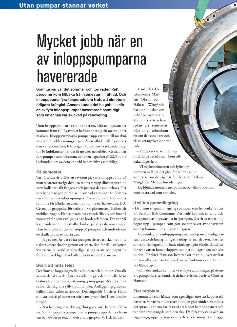 Utan inloppspumparna stannar verket. När avloppsvattnet kommer fram till Ryaverket befinner det sig 20 meter under marken. Inloppspumparna pumpar upp vattnet till marknivån och de olika reningsstegen.