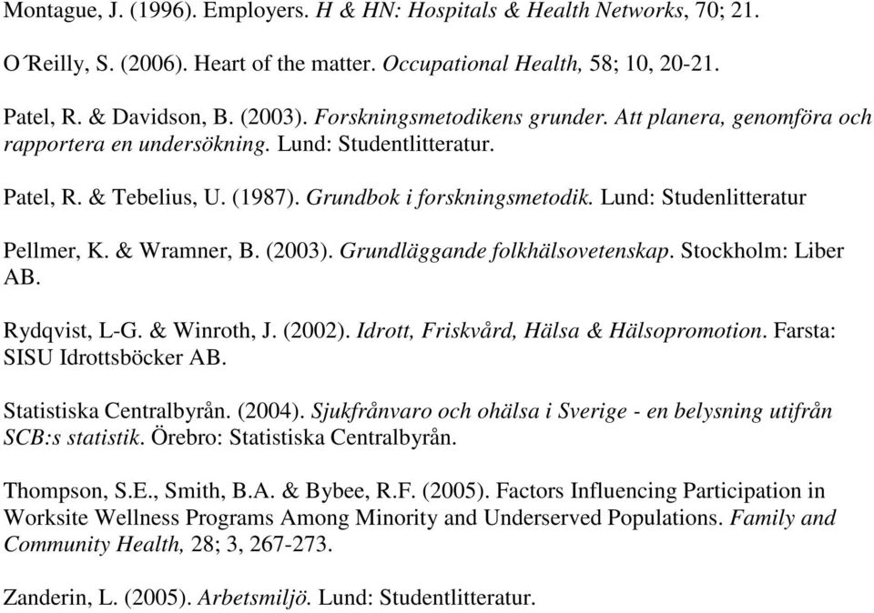 Lund: Studenlitteratur Pellmer, K. & Wramner, B. (2003). Grundläggande folkhälsovetenskap. Stockholm: Liber AB. Rydqvist, L-G. & Winroth, J. (2002). Idrott, Friskvård, Hälsa & Hälsopromotion.
