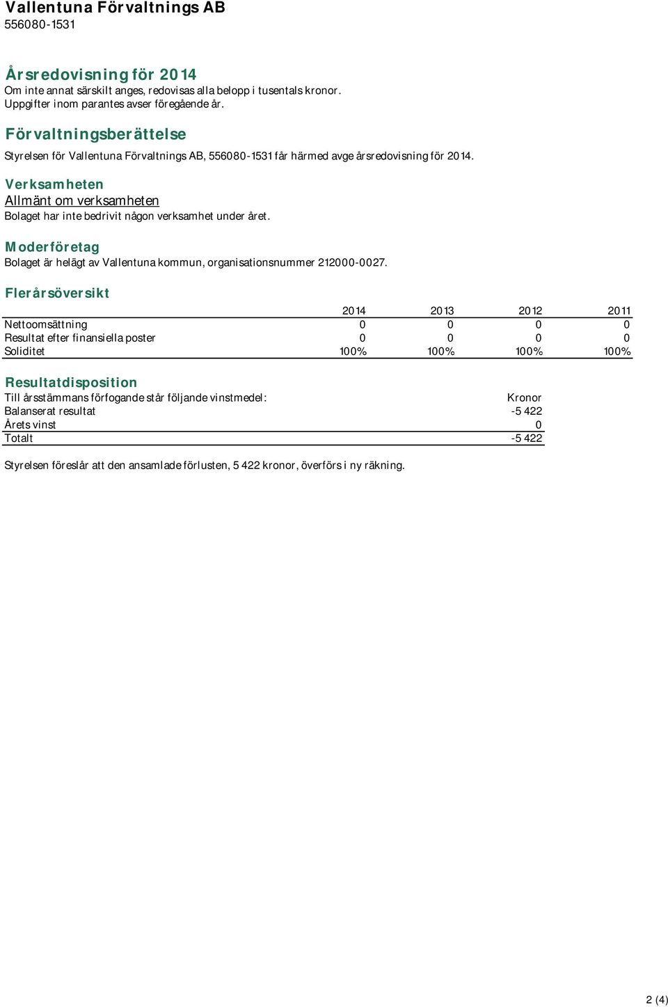 Moderföretag Bolaget är helägt av Vallentuna kommun, organisationsnummer 212000-0027.