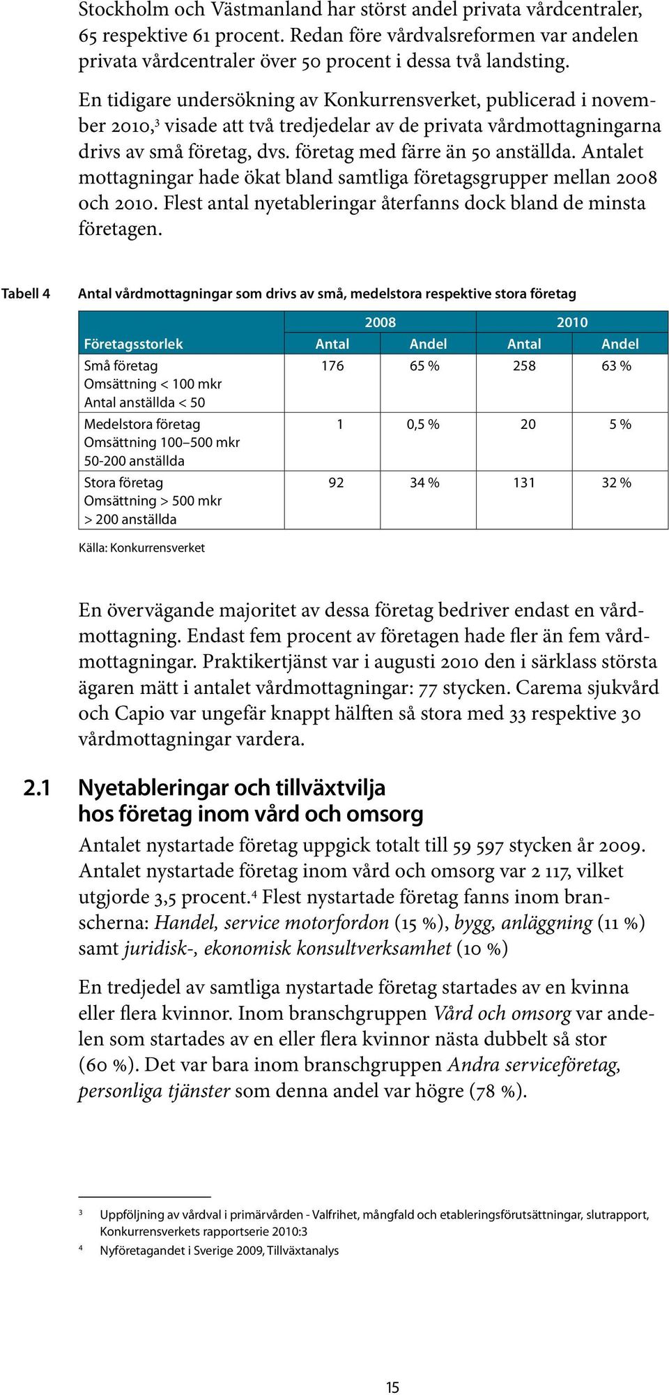 Antalet mottagningar hade ökat bland samtliga företagsgrupper mellan 2008 och 2010. Flest antal nyetableringar återfanns dock bland de minsta företagen.