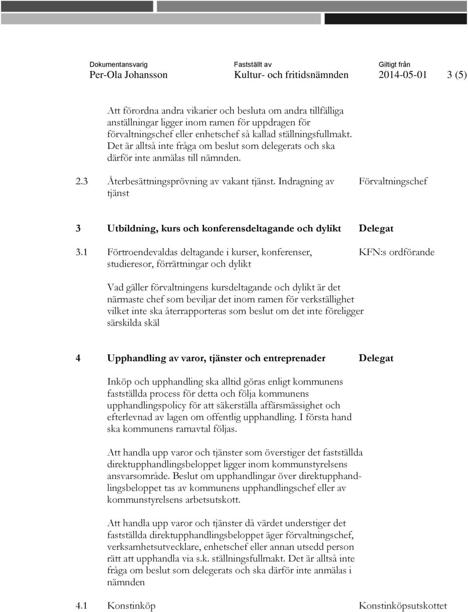 Indragning av Förvaltningschef tjänst 3 Utbildning, kurs och konferensdeltagande och dylikt Delegat 3.