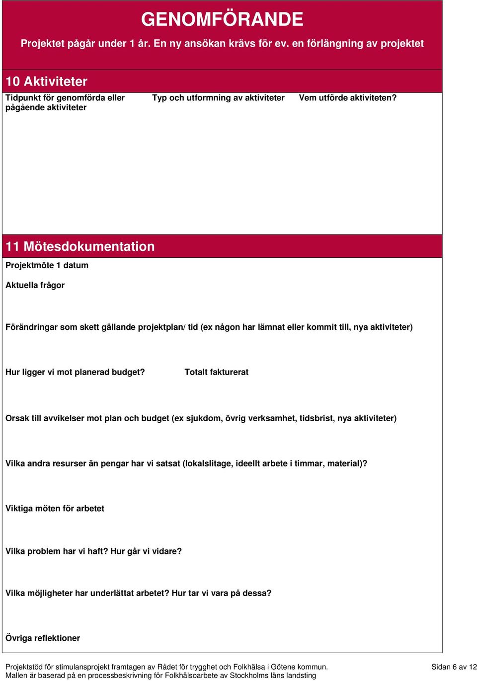 11 Mötesdokumentation Projektmöte 1 datum Aktuella frågor Förändringar som skett gällande projektplan/ tid (ex någon har lämnat eller kommit till, nya aktiviteter) Hur ligger vi mot planerad budget?