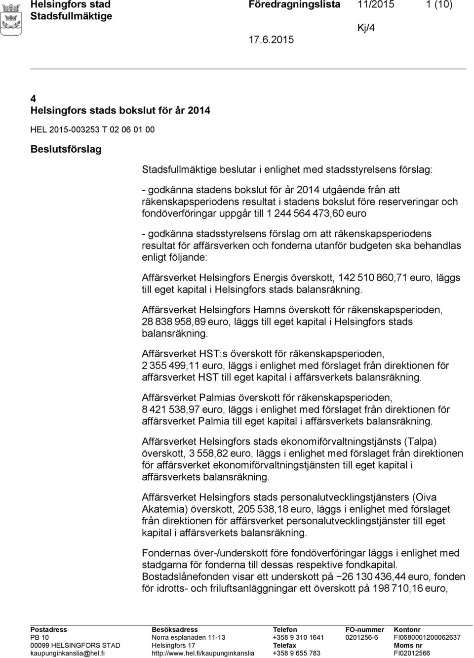 förslag om att räkenskapsperiodens resultat för affärsverken och fonderna utanför budgeten ska behandlas enligt följande: Affärsverket Helsingfors Energis överskott, 142 510 860,71 euro, läggs till