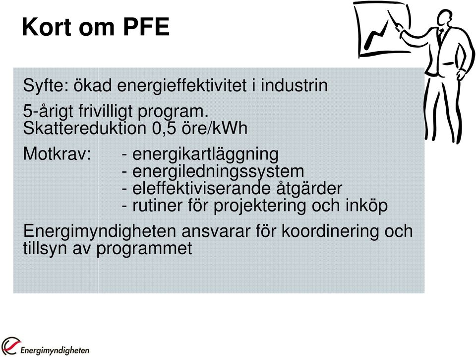 Skattereduktion 0,5 öre/kwh Motkrav: - energikartläggning -