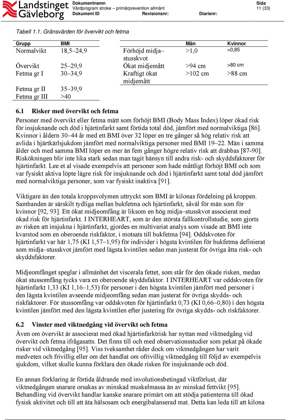 1 Risker med övervikt och fetma Personer med övervikt eller fetma mätt som förhöjt BMI (Body Mass Index) löper ökad risk för insjuknande och död i hjärtinfarkt samt förtida total död, jämfört med