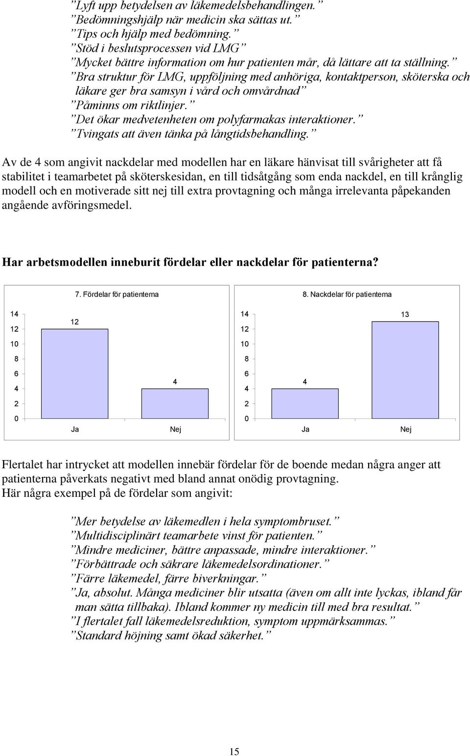 Bra struktur för LMG, uppföljning med anhöriga, kontaktperson, sköterska och läkare ger bra samsyn i vård och omvårdnad Påminns om riktlinjer. Det ökar medvetenheten om polyfarmakas interaktioner.