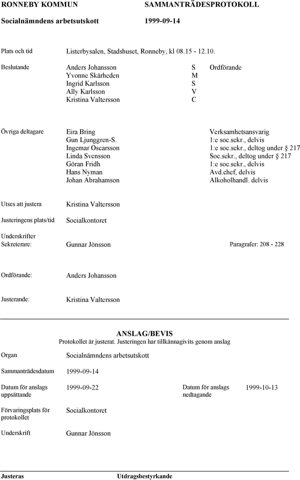 , delvis Ingemar Oscarsson 1:e soc.sekr., deltog under 217 Linda Svensson Soc.sekr., deltog under 217 Göran Fridh 1:e soc.sekr., delvis Hans Nyman Avd.chef, delvis Johan Abrahamson Alkoholhandl.