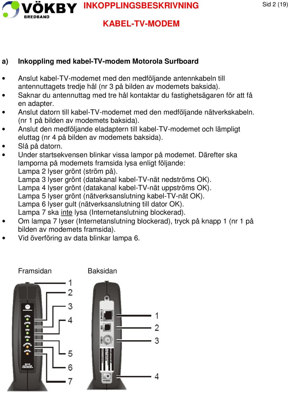 Anslut den medföljande eladaptern till kabel-tv-modemet och lämpligt eluttag (nr 4 på bilden av modemets baksida). Slå på datorn. Under startsekvensen blinkar vissa lampor på modemet.