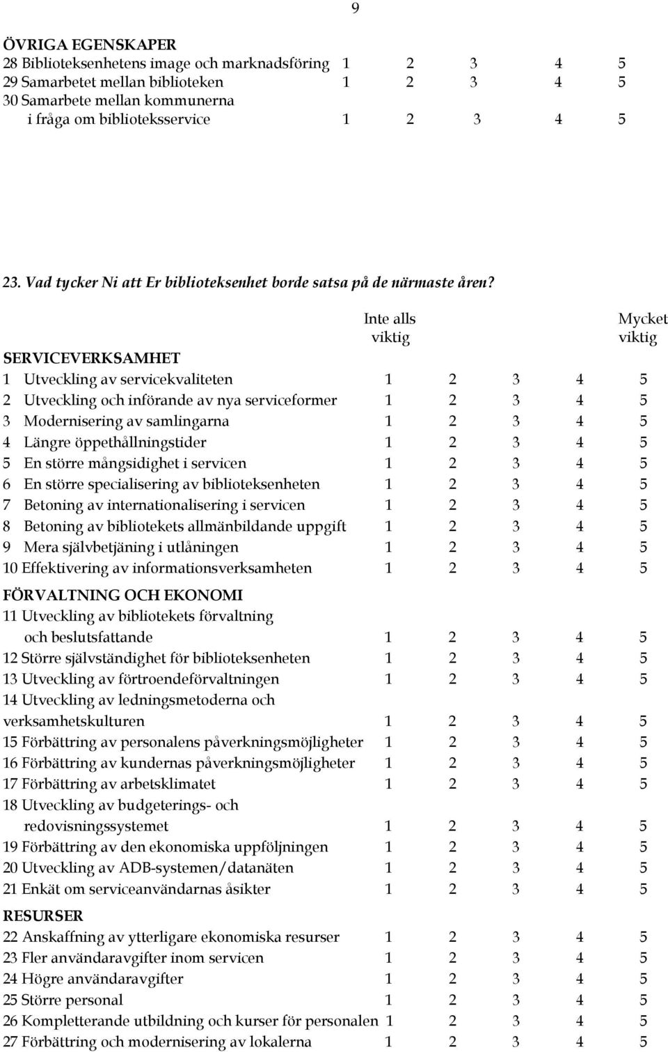 Inte alls Mycket viktig viktig SERVICEVERKSAMHET 1 Utveckling av servicekvaliteten 1 2 3 4 5 2 Utveckling och införande av nya serviceformer 1 2 3 4 5 3 Modernisering av samlingarna 1 2 3 4 5 4