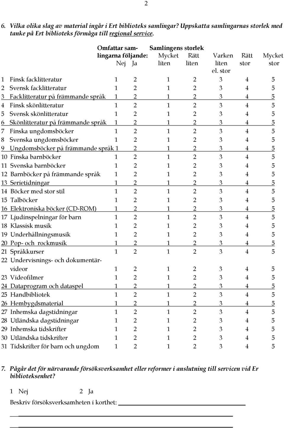 stor 1 Finsk facklitteratur 1 2 1 2 3 4 5 2 Svensk facklitteratur 1 2 1 2 3 4 5 3 Facklitteratur på främmande språk 1 2 1 2 3 4 5 4 Finsk skönlitteratur 1 2 1 2 3 4 5 5 Svensk skönlitteratur 1 2 1 2