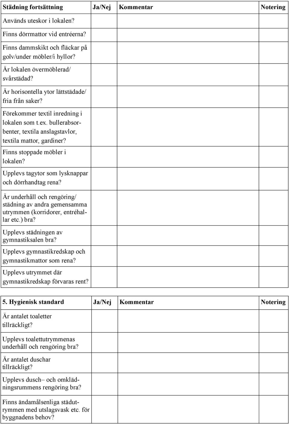 Finns stoppade möbler i lokalen? Upplevs tagytor som lysknappar och dörrhandtag rena? Är underhåll och rengöring/ städning av andra gemensamma utrymmen (korridorer, entréhallar etc.) bra?