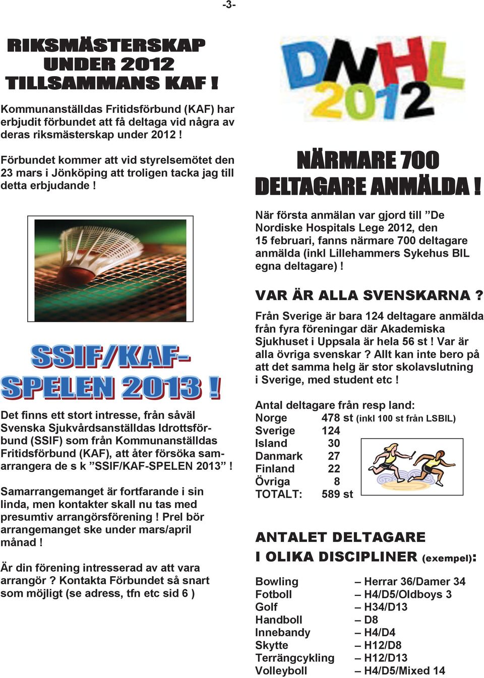 När första anmälan var gjord till De Nordiske Hospitals Lege 2012, den 15 februari, fanns närmare 700 deltagare anmälda (inkl Lillehammers Sykehus BIL egna deltagare)! VAR ÄR ALLA SVENSKARNA?