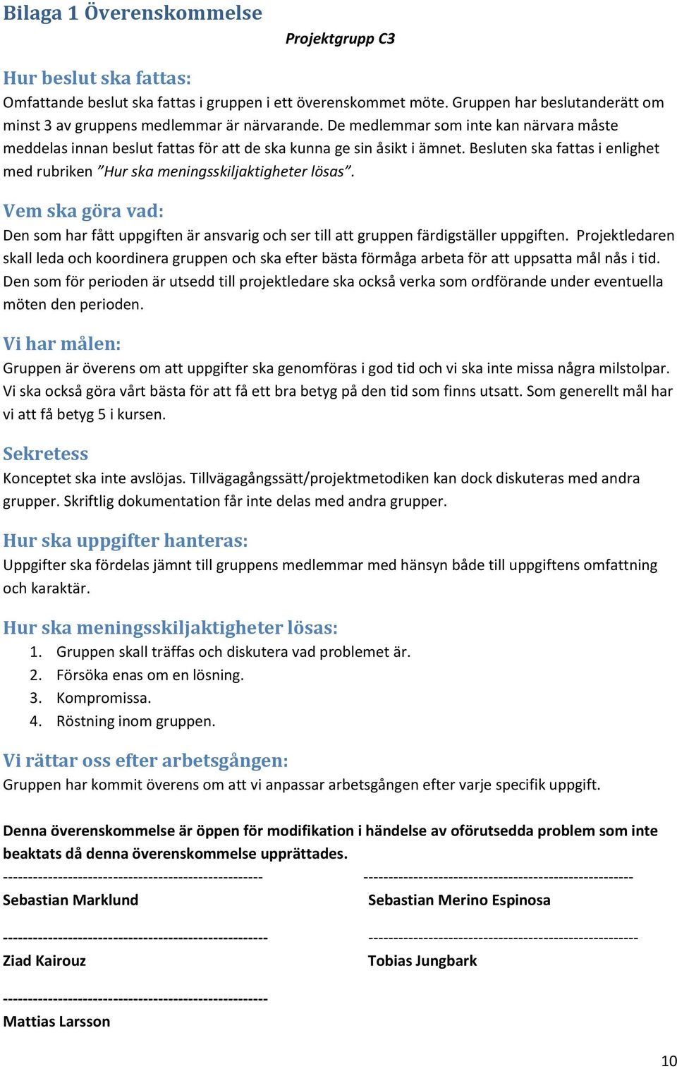 Besluten ska fattas i enlighet med rubriken Hur ska meningsskiljaktigheter lösas. Vem ska göra vad: Den som har fått uppgiften är ansvarig och ser till att gruppen färdigställer uppgiften.