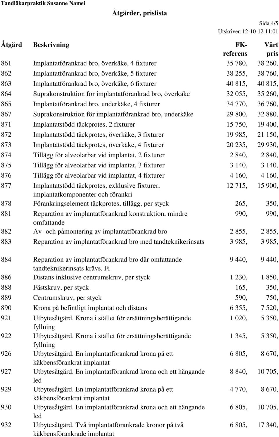 implantatförankrad bro, underkäke 29 800, 32 880, 871 Implantatstödd täckprotes, 2 fixturer 15 750, 19 400, 872 Implantatstödd täckprotes, överkäke, 3 fixturer 19 985, 21 150, 873 Implantatstödd