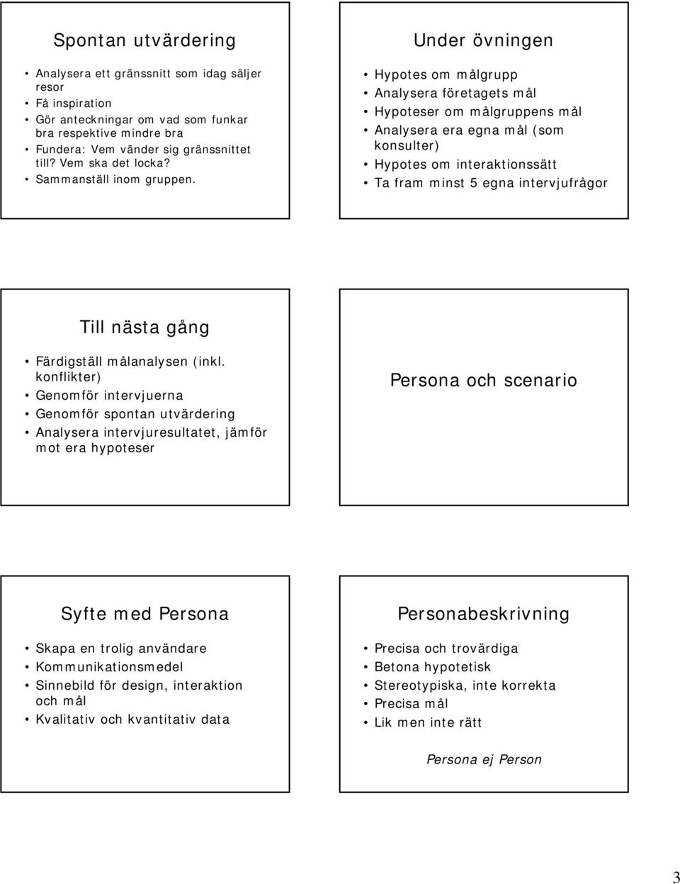 Under övningen Hypotes om målgrupp Analysera företagets mål Hypoteser om målgruppens mål Analysera era egna mål (som konsulter) Hypotes om interaktionssätt Ta fram minst 5 egna intervjufrågor