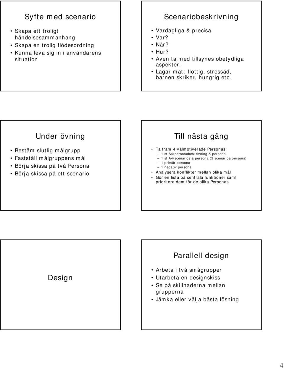 Under övning Bestäm slutlig målgrupp Fastställ målgruppens mål Börja skissa på två Persona Börja skissa på ett scenario Ta fram 4 välmotiverade Personas: 1 st A4/personabeskrivning & persona 1 st